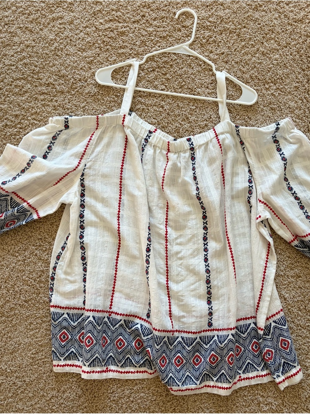 Sonoma White Off-Shoulder Camisole with Red & Navy Embroidery